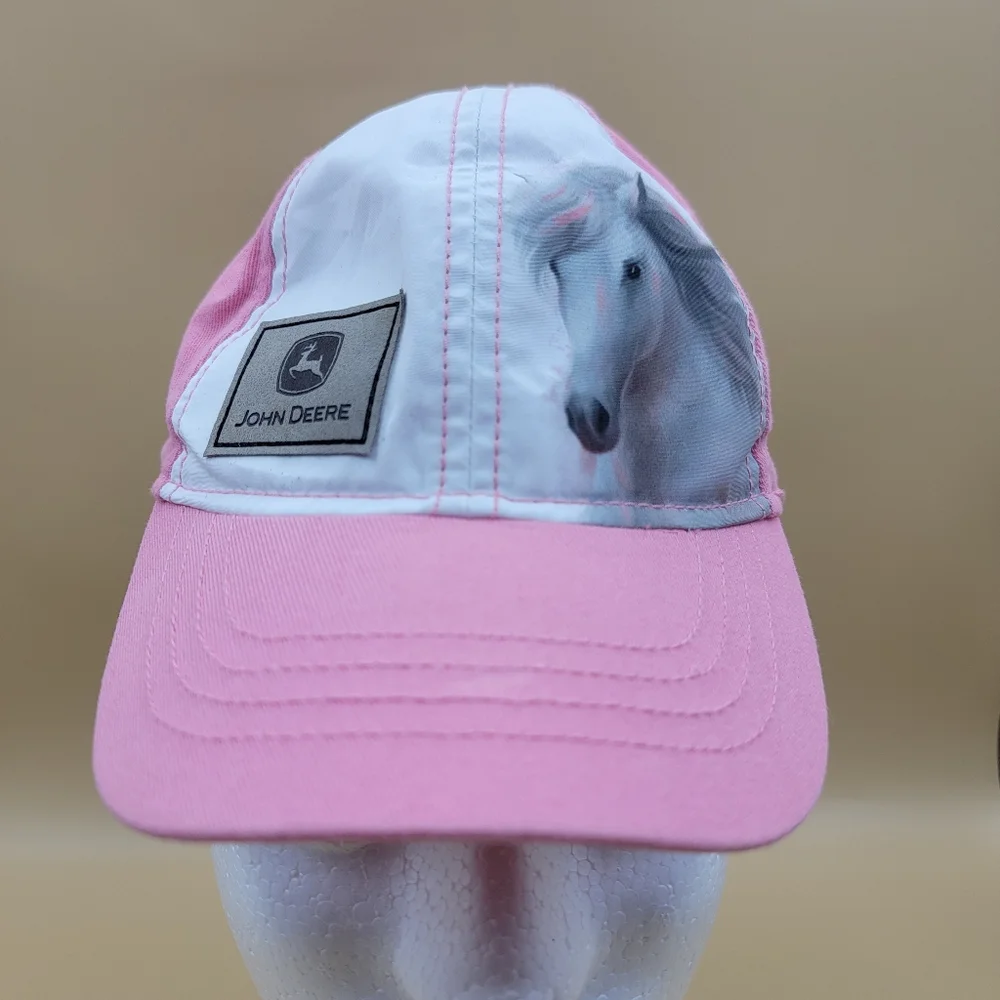 John Deere Toddler Girl's Hat Cap Pink White Horse Image One Size Stretch Back